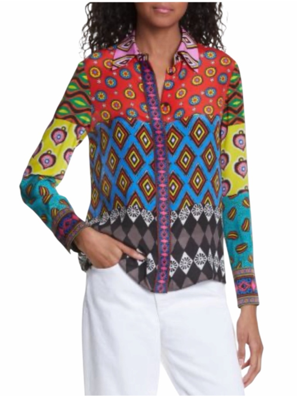 NWT Alice + Olivia x Carla Kranendonk Willa Patchwork Silk Blouse Size XS